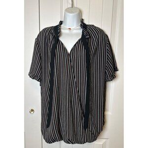 Suzane Betro Black & White Striped Blouse with Ruffled Neck & Sleeves, 1X